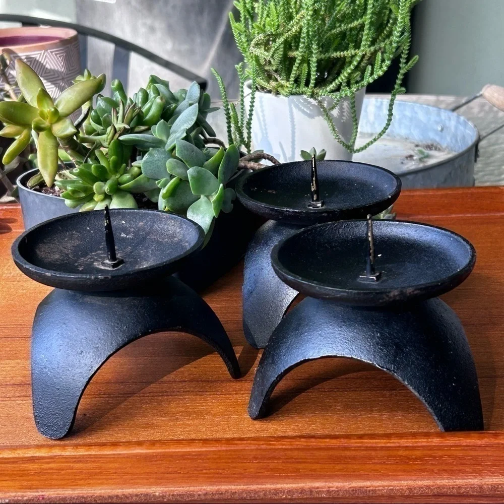 Mid Century Black Cast Iron Tripod Candle Holders Set of 3